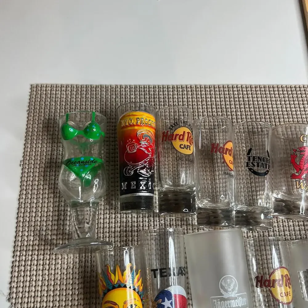 Lot of 13 Souvenir Shot‎ Glasses Hard Rock Cafe London Mexico Wales Jägermeister